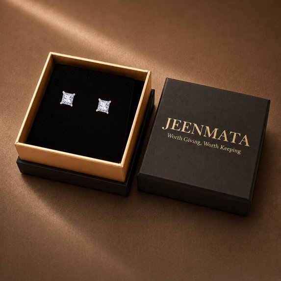 JeenMata 2 Carat Princess Solitaire Moissanite Stud Earrings for Women, Earrings for Men, 18K Yellow Gold Plated, Hypoallergenic Earrings, D VS1, Stud Earring for Woman, Jewelry, Gift, Earrings