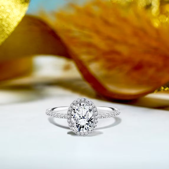 JeenMata 1.5 Carat Oval Cut Moissanite Engagement Ring - Bridal Set - Halo Ring - Handmade Ring - 18k White Gold Plating for Women