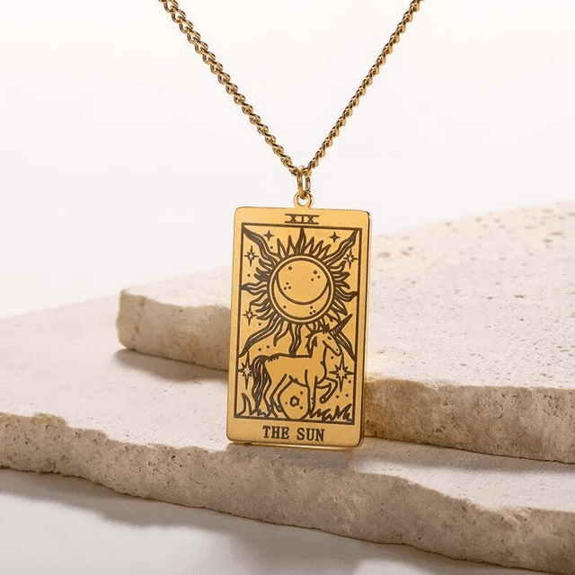 JeenMata Tarot Necklace - The Sun - Customized Tarot Pendant Jewelry for Unisex in Yellow Gold Plated