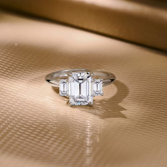 JeenMata 3.25 Carat Emerald Cut Moissanite Rings - Three Stone Engagement Rings in 18K White Gold Plating for Women