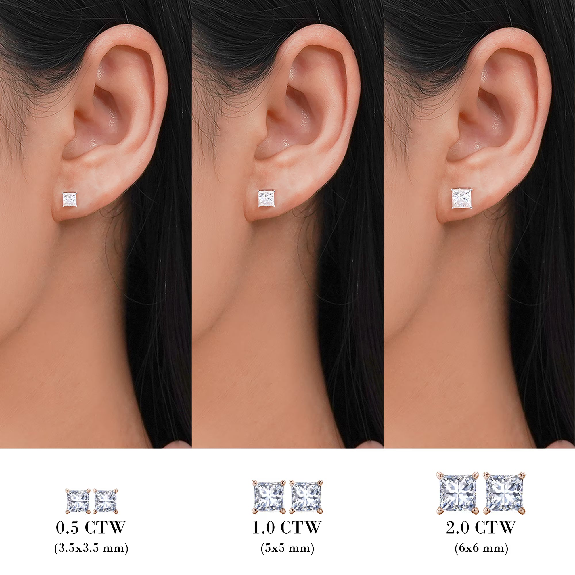 JeenMata 4 Prong - 1 Carat Princess Cut Moissanite - Solitaire Stud Earrings in 18k Yellow Gold Plating for Women