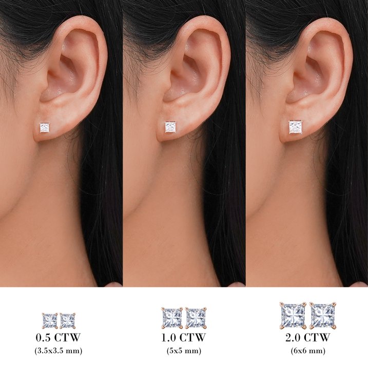 JeenMata 2 Carat Princess Cut Moissanite 4 Prong Solitaire Stud Earrings in 18k Rose Gold Plating for Women