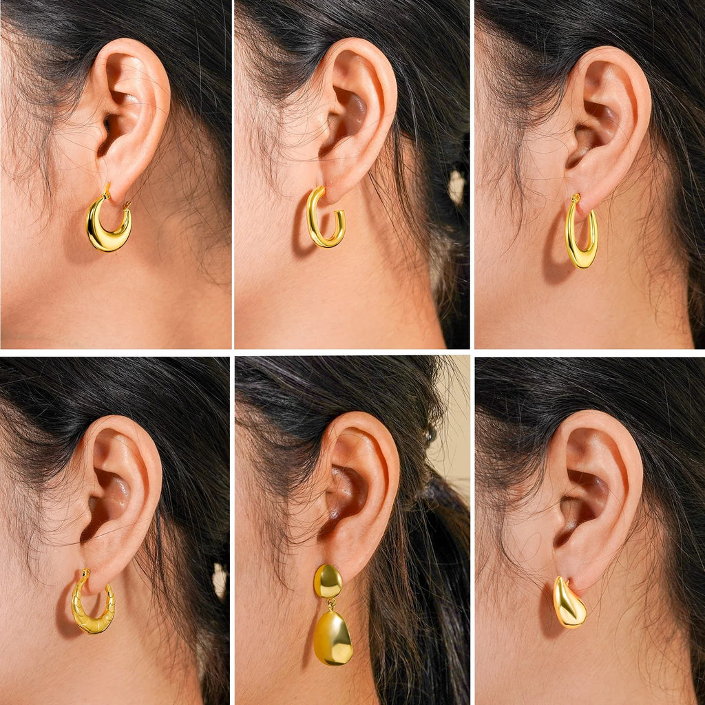 JEENMATA 6 Pairs Fashion MultiPack Earrings Set for Women in Yellow Gold Plating, Hoop Earrings, Chunky, Lightweight Drop Hypoallergenic Earrings Jewelry Gift for Women