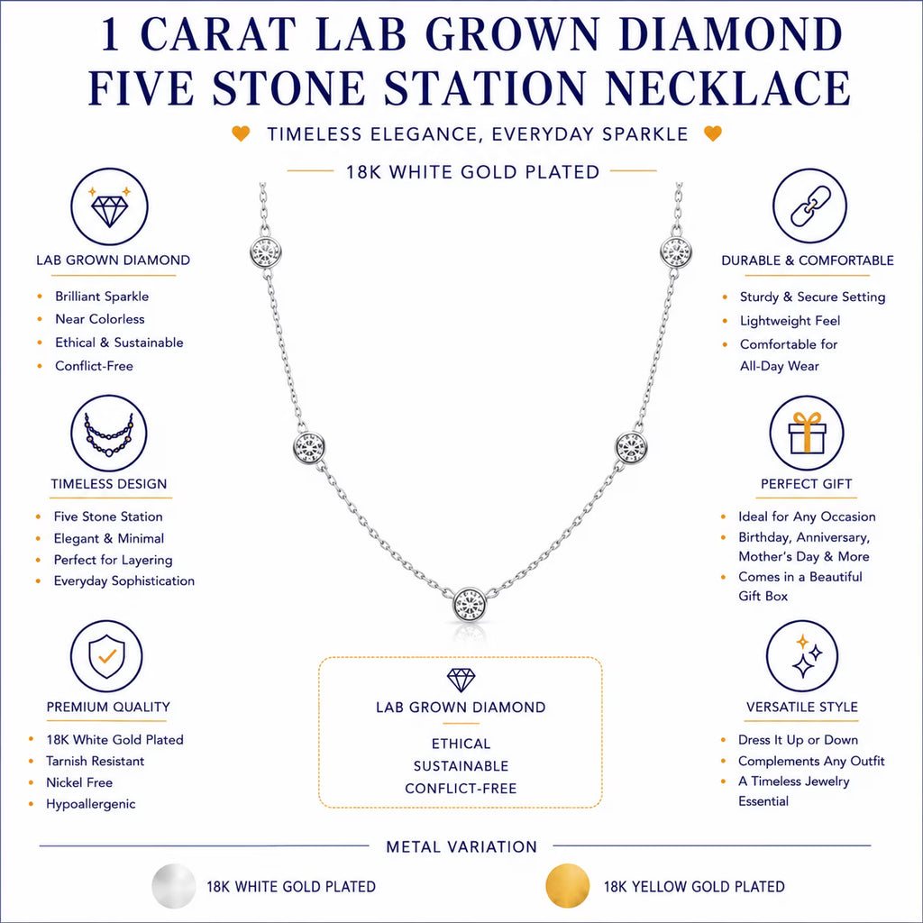 JeenMata 1 Carat Lab Grown Diamond Five Stone Bezel Station Necklaces - in 18K Yellow Gold Plating Necklace for Women, Female, Adult