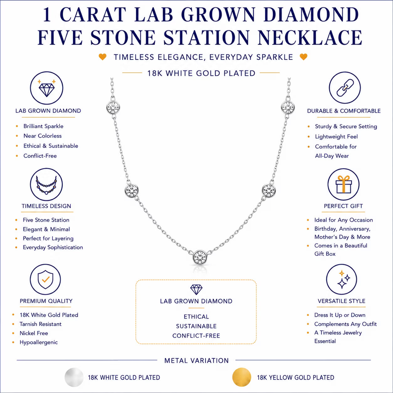 JeenMata 1 Carat Lab Grown Diamond Five Stone Bezel Station Necklaces - in 18K Yellow Gold Plating Necklace for Women, Female, Adult