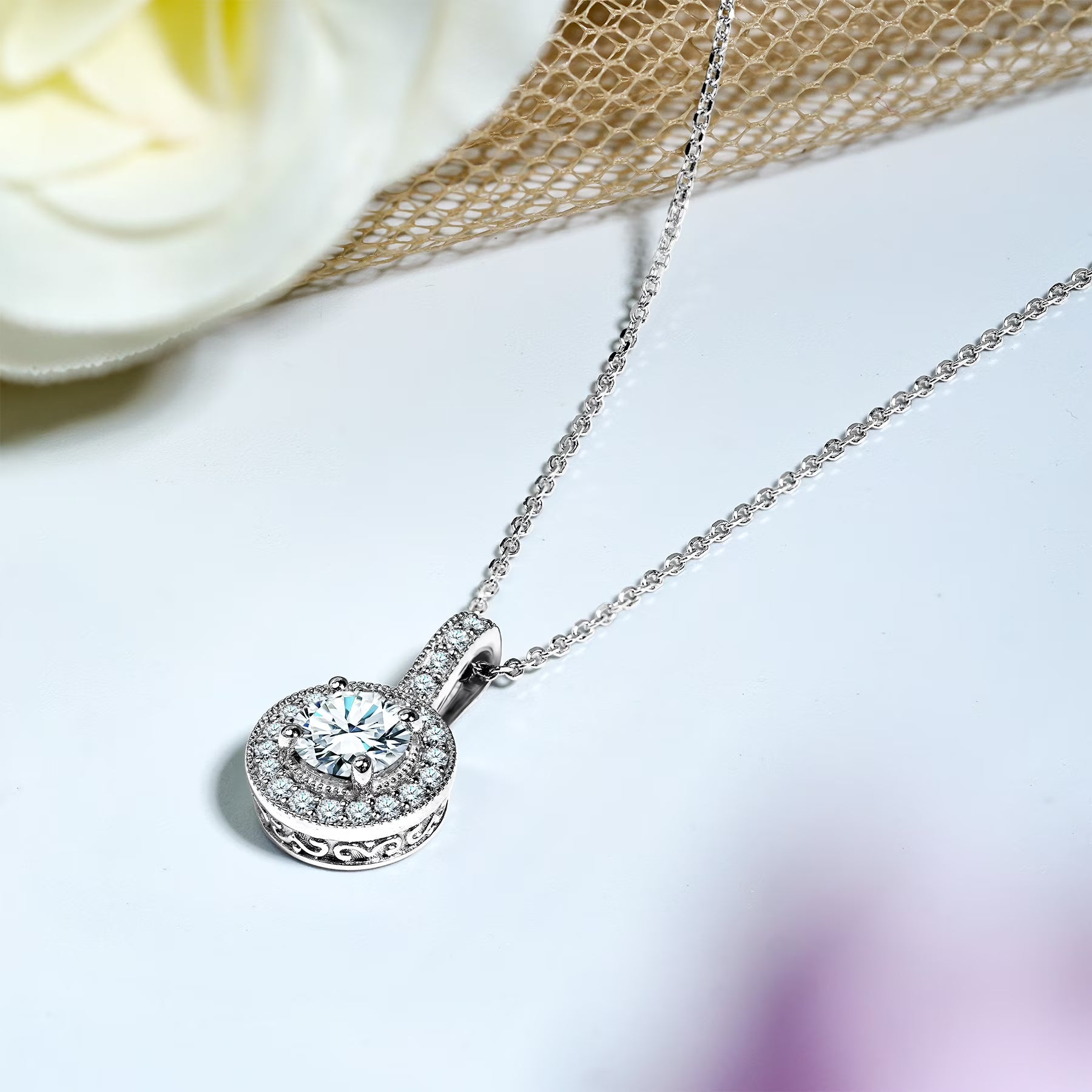 JeenMata 1 Carat Lab Grown Diamond Halo Pendant Necklace - Round Cut Milgrain Halo Pendant in White Gold Plating