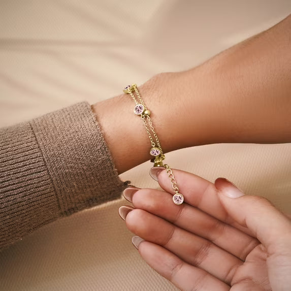 JeenMata 3.5 Carat October Pink Tourmaline Birthstone Double Layer Bracelet - in Yellow Gold Plating for Women