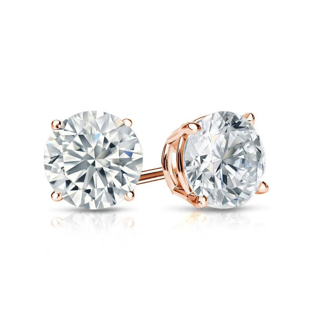 JeenMata 1 Carat Round Shaped Moissanite Solitaire Stud Earrings - 4 Prong - In 18K Rose Gold Plating Over Silver