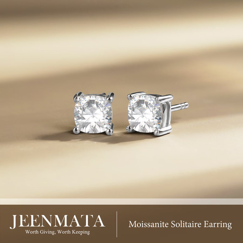 JeenMata 4 Carat Cushion Cut Moissanite 4 Prong Solitaire Stud Earrings in 18k White Gold Plating for Women