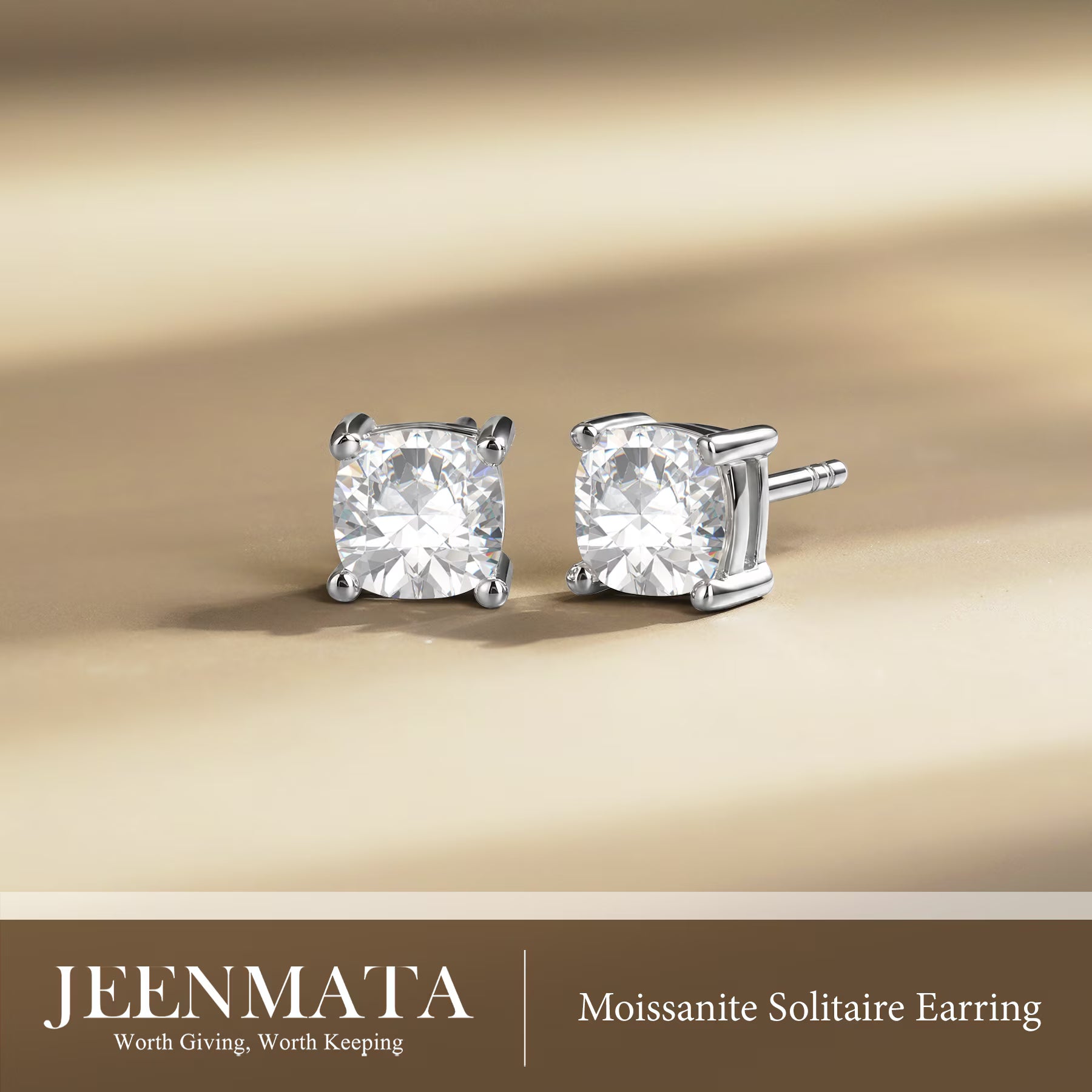 JeenMata 2 Carat Cushion Cut Moissanite 4 Prong Solitaire Stud Earrings in 18k White Gold Plating for Women