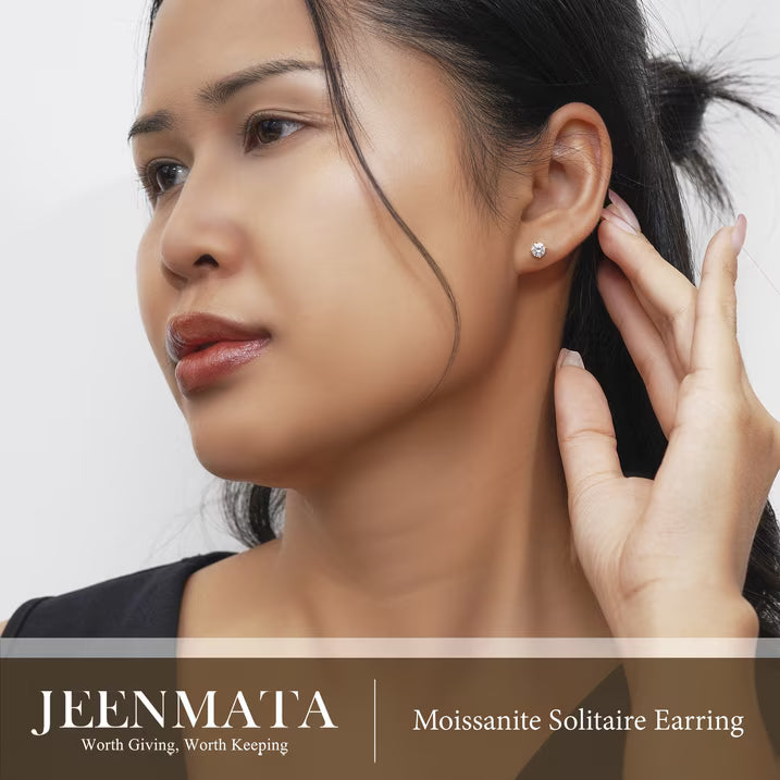 JeenMata 4 Prong 0.5 Carat Round Shaped Moissanite Solitaire Stud Earrings in 18k Yellow Gold Plating for Women