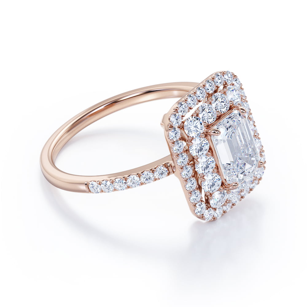 JeenMata 1.5 Carat Emerald Cut Moissanite Engagement Ring - Bridal Ring - Double Halo Ring - Cluster Ring