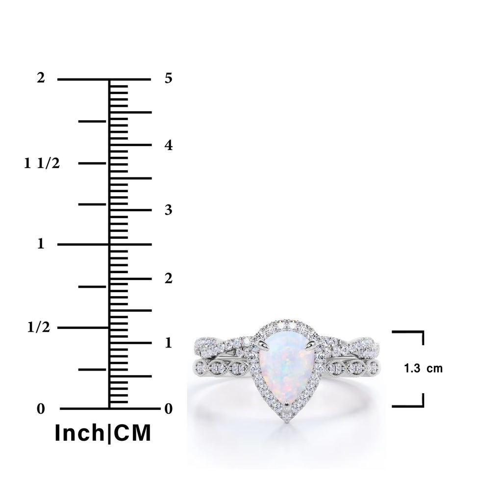 JeenMata 1.5 Carat Pear Cut Lab Created Opal and Moissanite Vintage Engagement Ring - Halo Pave Bridal Set in 18K Rose Gold Plating for Women