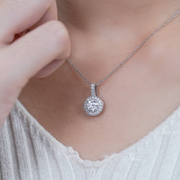 JeenMata 1 Carat Lab Grown Diamond Halo Pendant Necklace - Round Cut Milgrain Halo Pendant in White Gold Plating