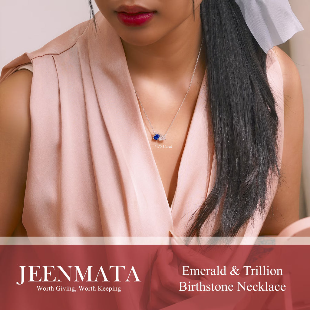 JeenMata 4.75 Carat Blue Sapphire & Cubic Zirconia Two Stone Birthstone Necklaces - September Birthstone Emerald and Trillion Cut Pendant Necklace in 18K White Gold Plating Gift for Women