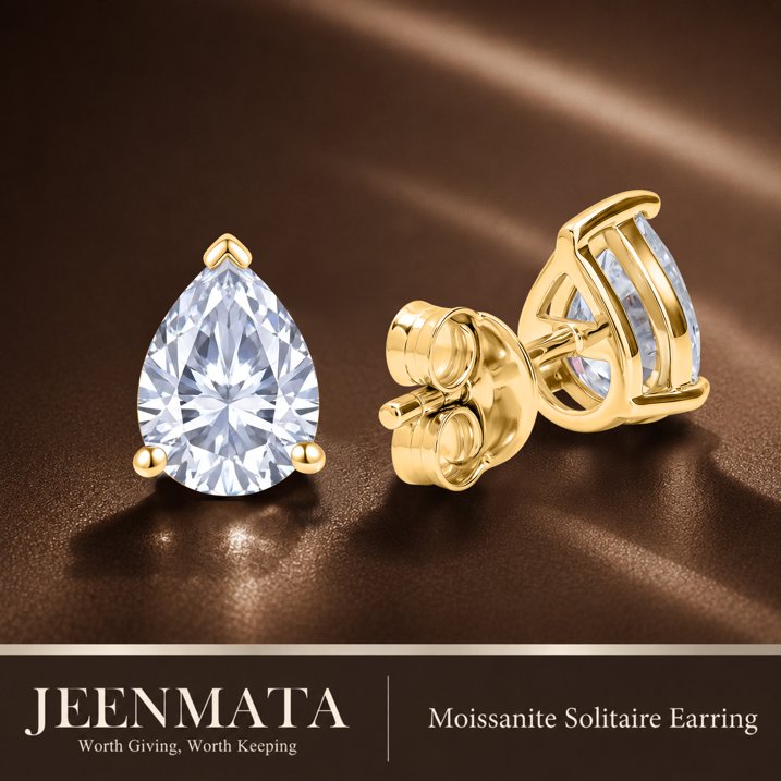 JeenMata 2 Carat Pear Solitaire Moissanite Stud Earrings for Women, Earrings for Men, 18K Yellow Gold Plated, Hypoallergenic Earrings, D VS1, Stud Earring for Woman, Jewelry, Gift, Earrings