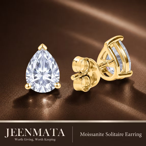 JeenMata 0.5 Carat Pear Solitaire Moissanite Stud Earrings for Women, Earrings for Men, 18K Yellow Gold Plated, Hypoallergenic Earrings, D VS1, Stud Earring for Woman, Jewelry, Gift, Earrings