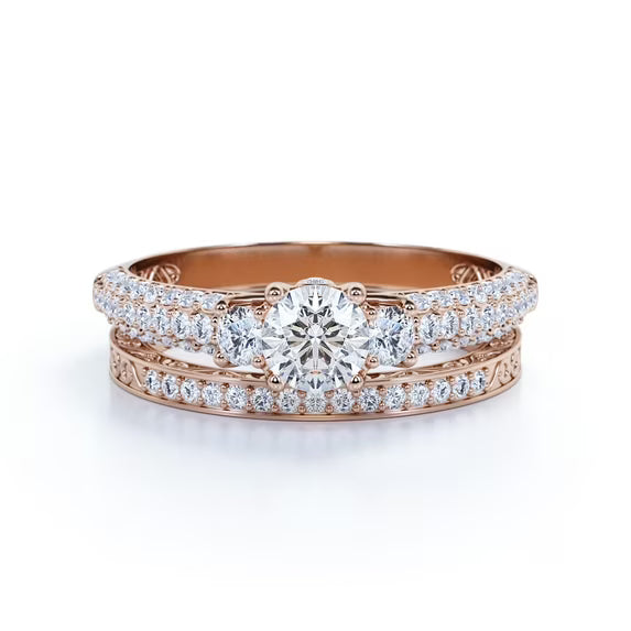 JeenMata 1.75 ct - Round Real 3 Stone Diamond - Past Present Future Ring - Victorian - Vintage Wedding Ring Set - 10K White Gold