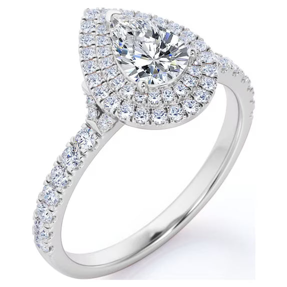 JeenMata Pave Style 1 Carat Pear-Shaped Moissanite Double Halo Cluster Engagement Ring in 18K White Gold Plating for Women