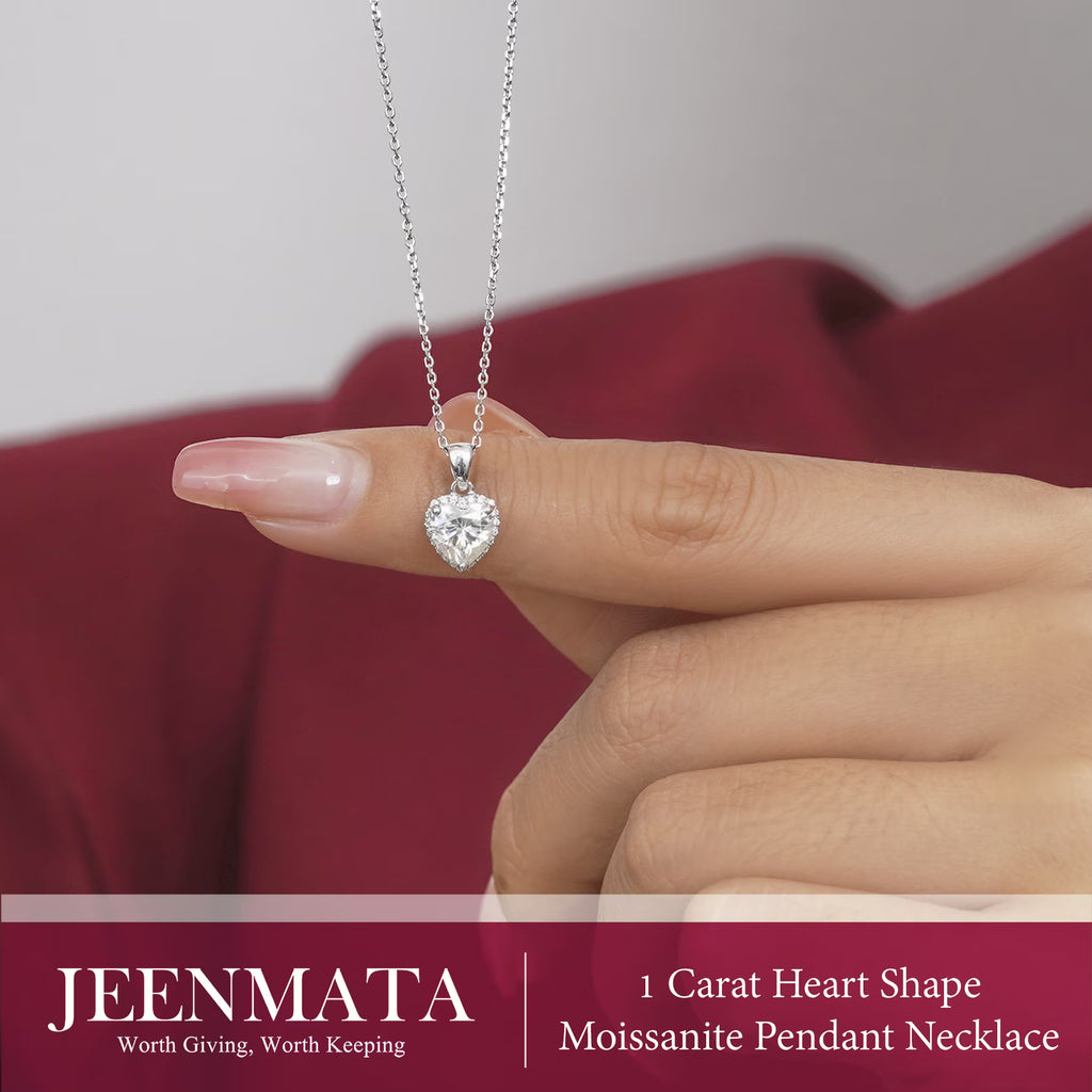 JeenMata Forever Heart 1 Carat - Moissanite - April Pendant Necklace in 18K White Gold Plating over Silver