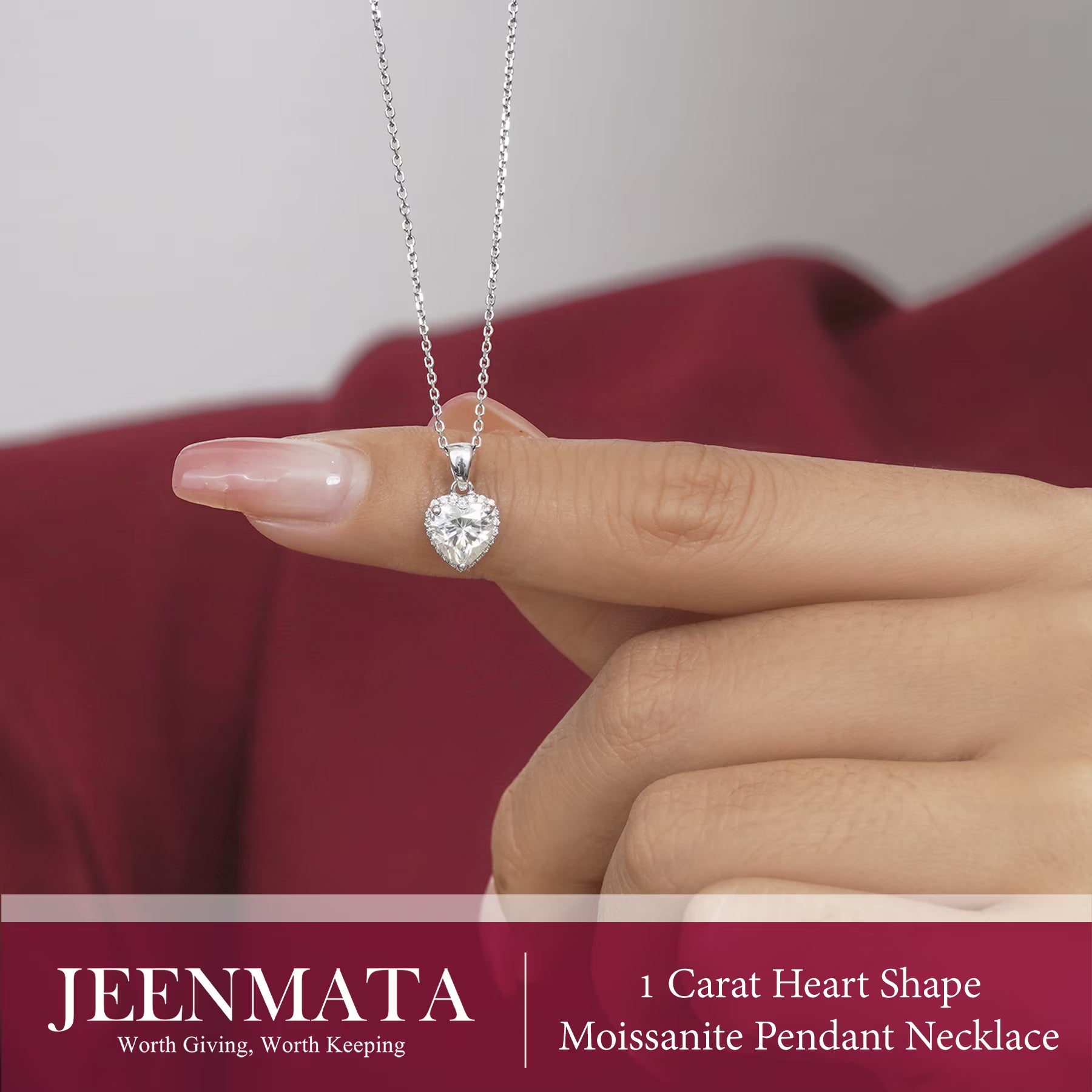 JeenMata Forever Heart 1 Carat - Moissanite - April Pendant Necklace in 18K White Gold Plating over Silver