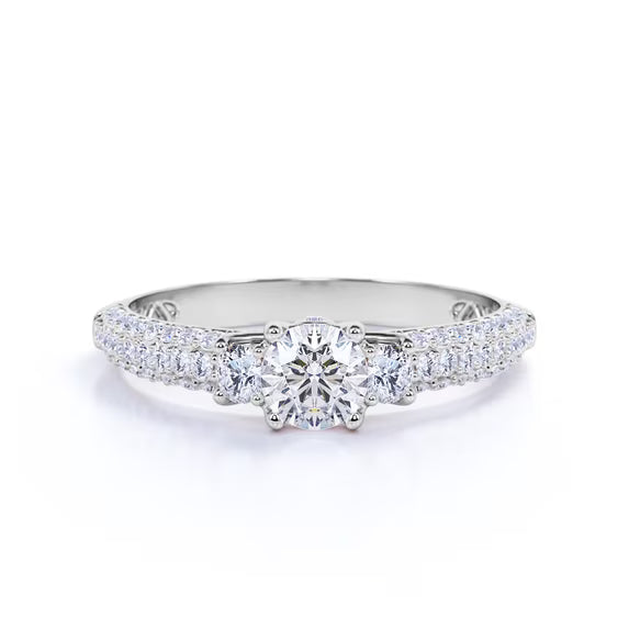 JeenMata 1 Carat Round Cut Lab Grown Diamond Classic Three Stones Engagement Ring - Vintage Style Micro Pave Wedding Ring in 18K White Gold Plating for Women