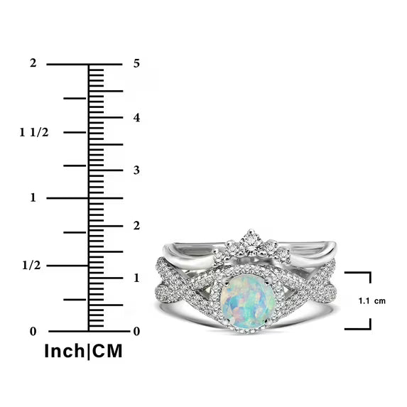 JeenMata 1 Carat Vintage Round Cut Blue Lab Created Opal and Moissanite Wedding Ring Set in 18K White Gold Plating for Women