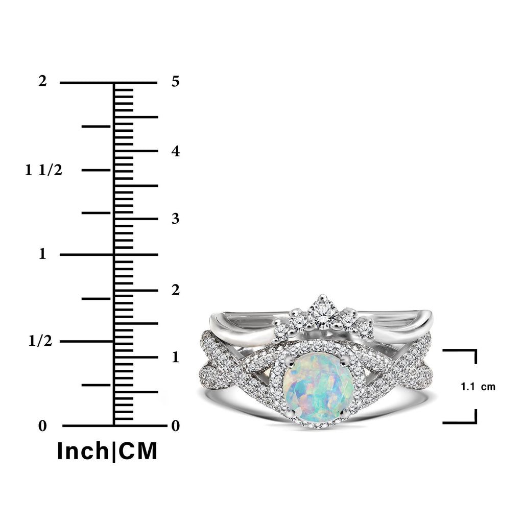 JeenMata 1 Carat Vintage Round Cut Blue Lab Created Opal and Moissanite Wedding Ring Set in 18K Black Gold Plating for Women