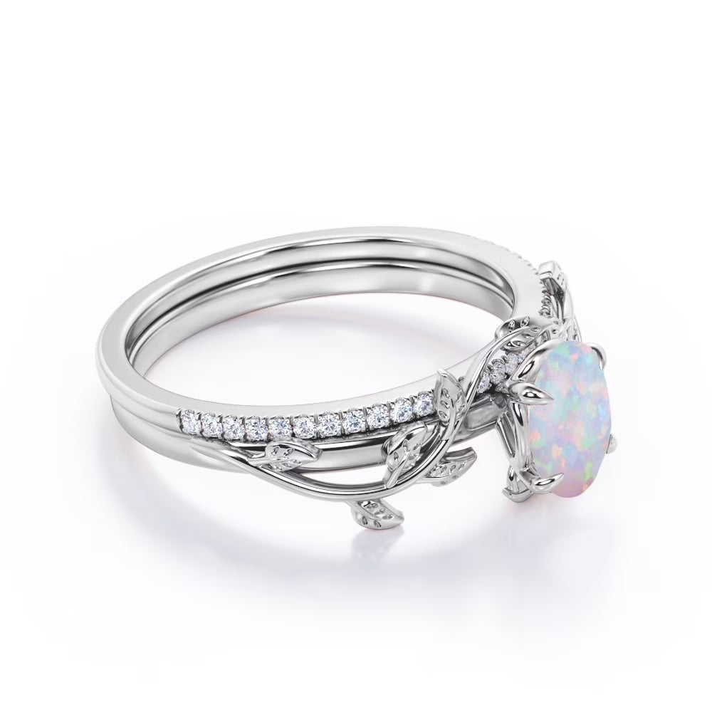 JeenMata Prong Setting 1.5 Carat Ovate Rainbow Lab Created Opal and Moissanite Leaf Design Wedding Ring Set in 18K White Gold Plating over Silver