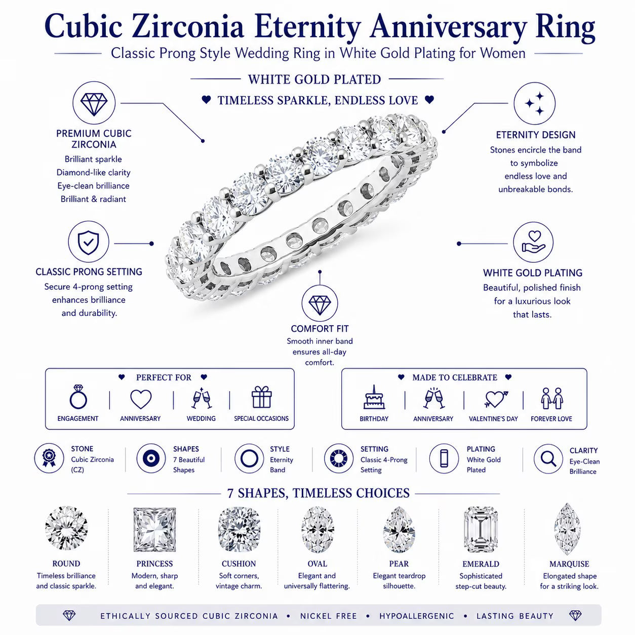 JeenMata 3.75 Carat Round Cut Cubic Zirconia Eternity Anniversary Ring - Classic Prong Style Wedding Ring in White Gold Plating for Women