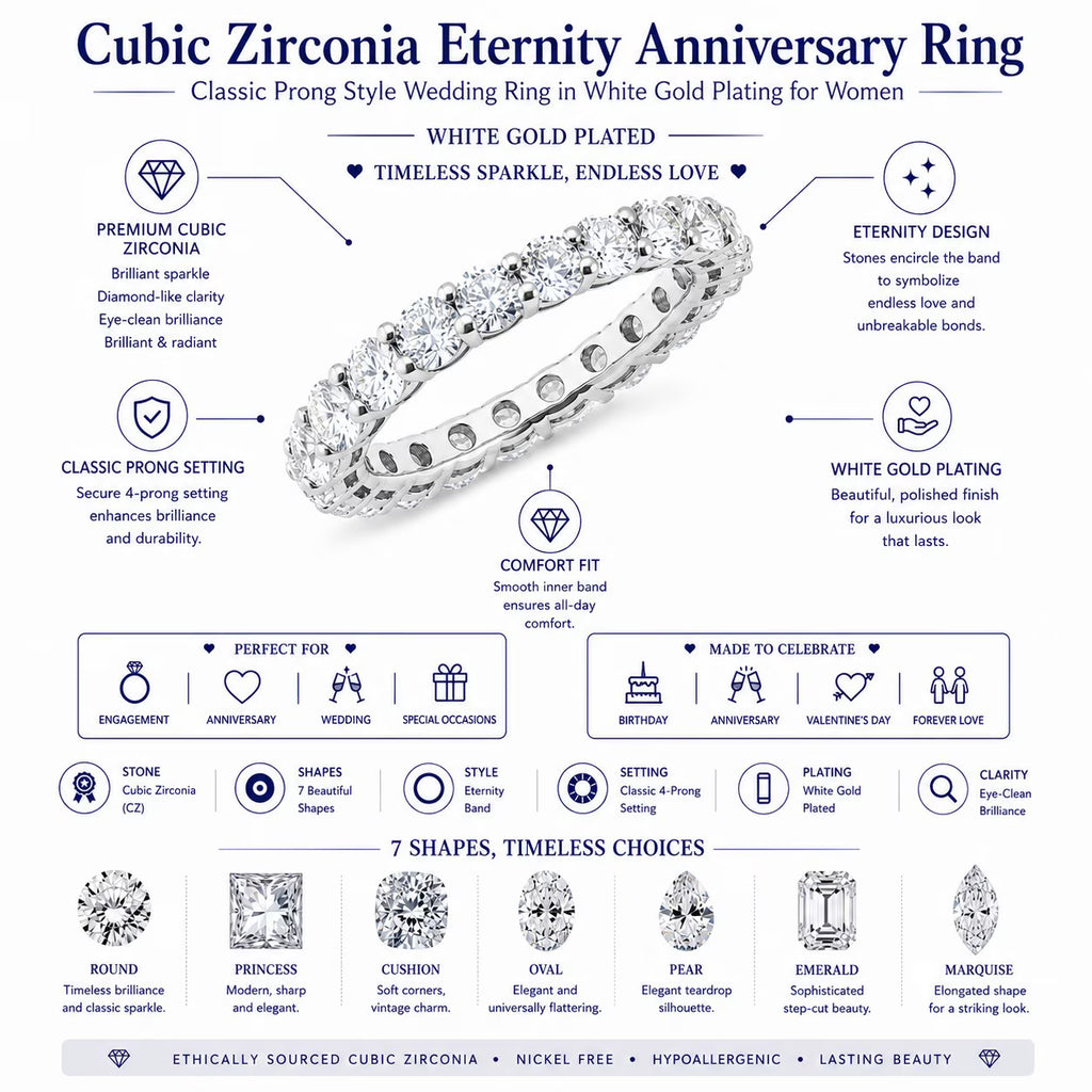 JeenMata 7.25 Carat Oval Cut Cubic Zirconia Eternity Anniversary Ring - Classic Prong Style Wedding Ring in White Gold Plating for Women