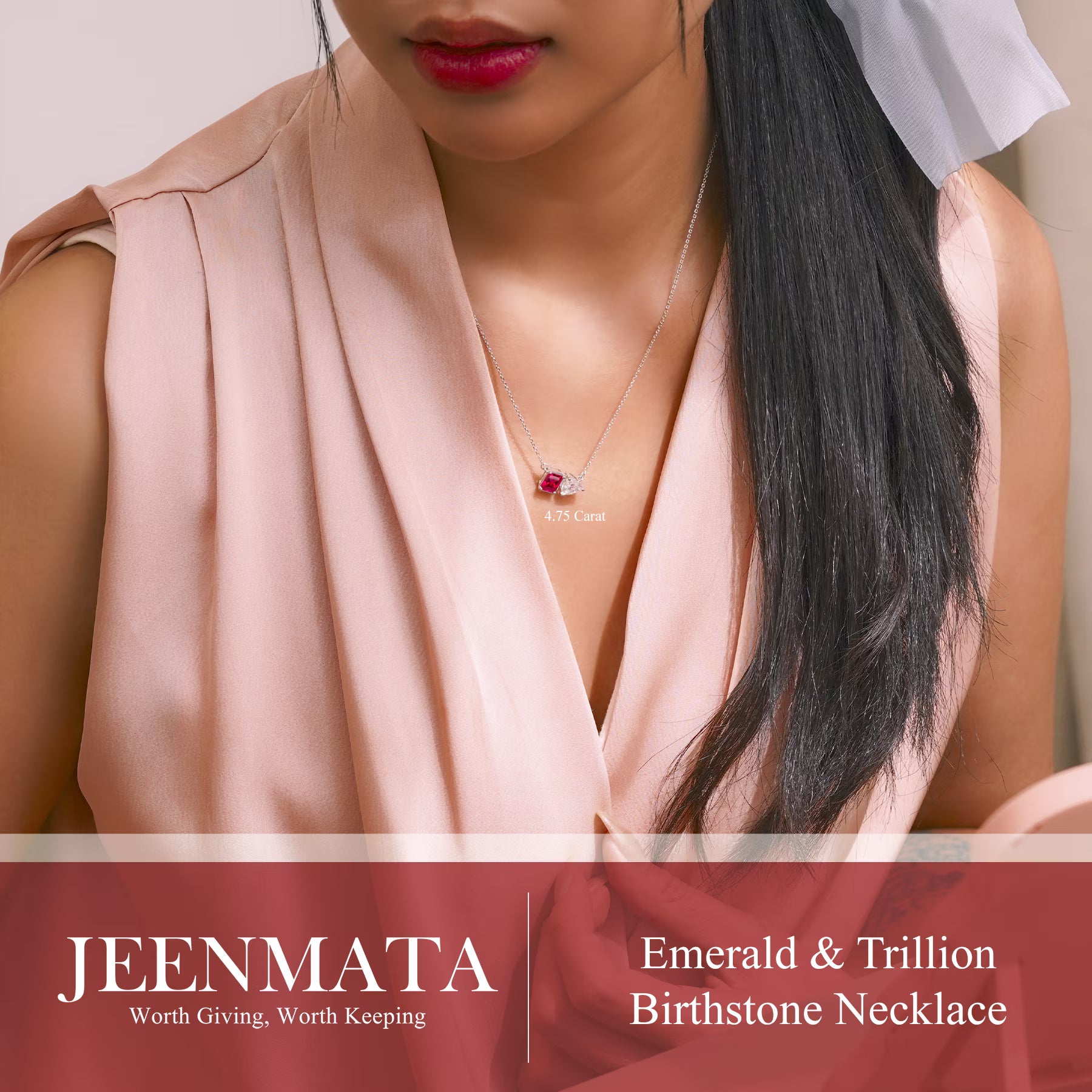 JeenMata 4.75 Carat Ruby & Cubic Zirconia Two Stone Birthstone Necklaces - July Birthstone Emerald and Trillion Cut Pendant Necklace in 18K White Gold Plating Gift for Women