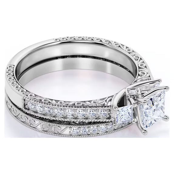 JeenMata 1.25 ct - Princess Cut Moissanite - Pave - Three Stone Ring - Victorian Style - Vintage Wedding Ring Set in 18K White Gold Plating for Women