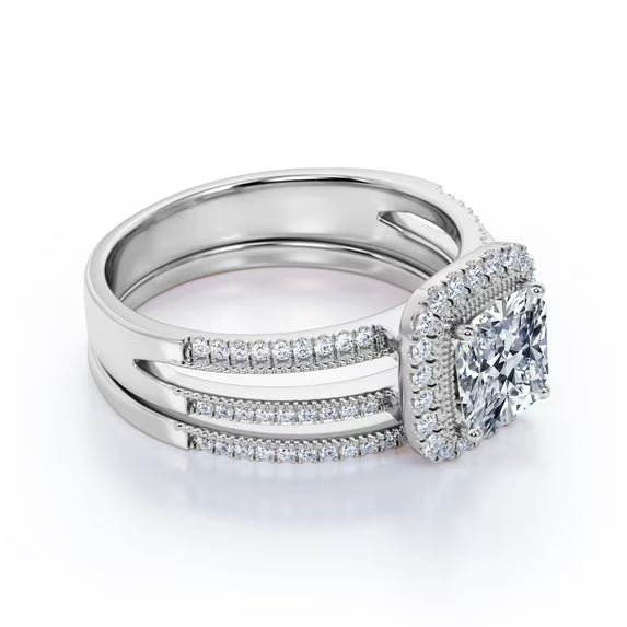 JeenMata Cushion Cut Real Diamond Engagement Ring - Split Shank - Halo Ring - Wedding Set - 10K White Gold