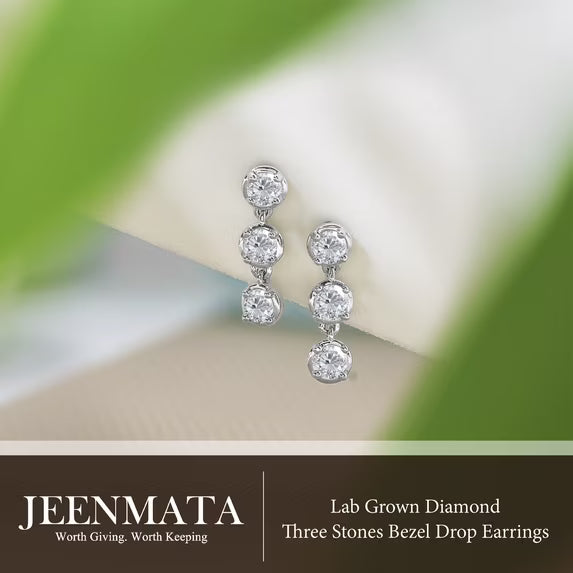 JeenMata 1 Carat Lab Grown Diamond Bezel Drop Earring - Classic Round Cut Three Stones Dangle Earrings in 18K White Gold Plating for Women, Gift for Her