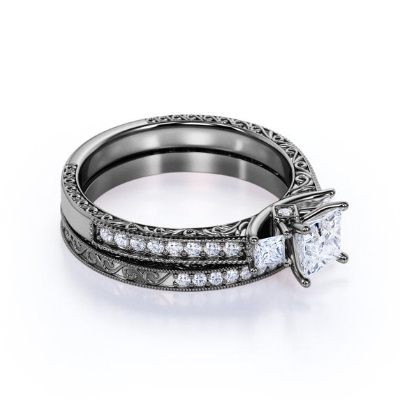 JeenMata 1.25 ct - Princess Cut Moissanite - Pave - Three Stone Ring - Victorian Style - Vintage Gothic Wedding Ring Set in 18K Black Gold Plating for Women