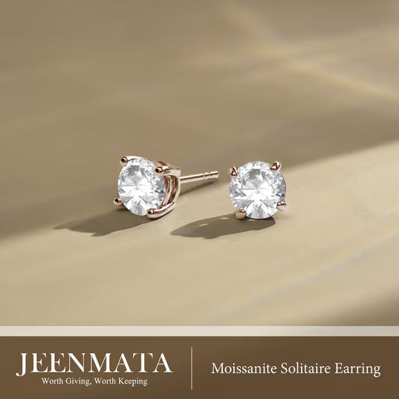 JeenMata 4 Prong 2 Carat Round Shaped Moissanite Solitaire Stud Earrings in 18k Rose Gold Plating for Women