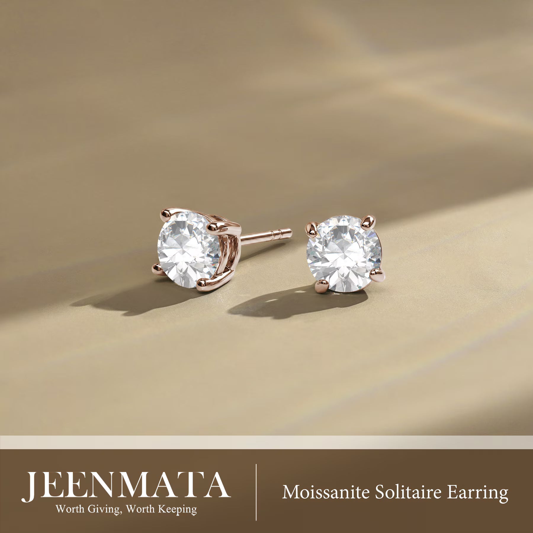 JeenMata 1 Carat Round Moissanite - 4 Prong Solitaire Stud Earrings in 18k Rose Gold Plating for Women
