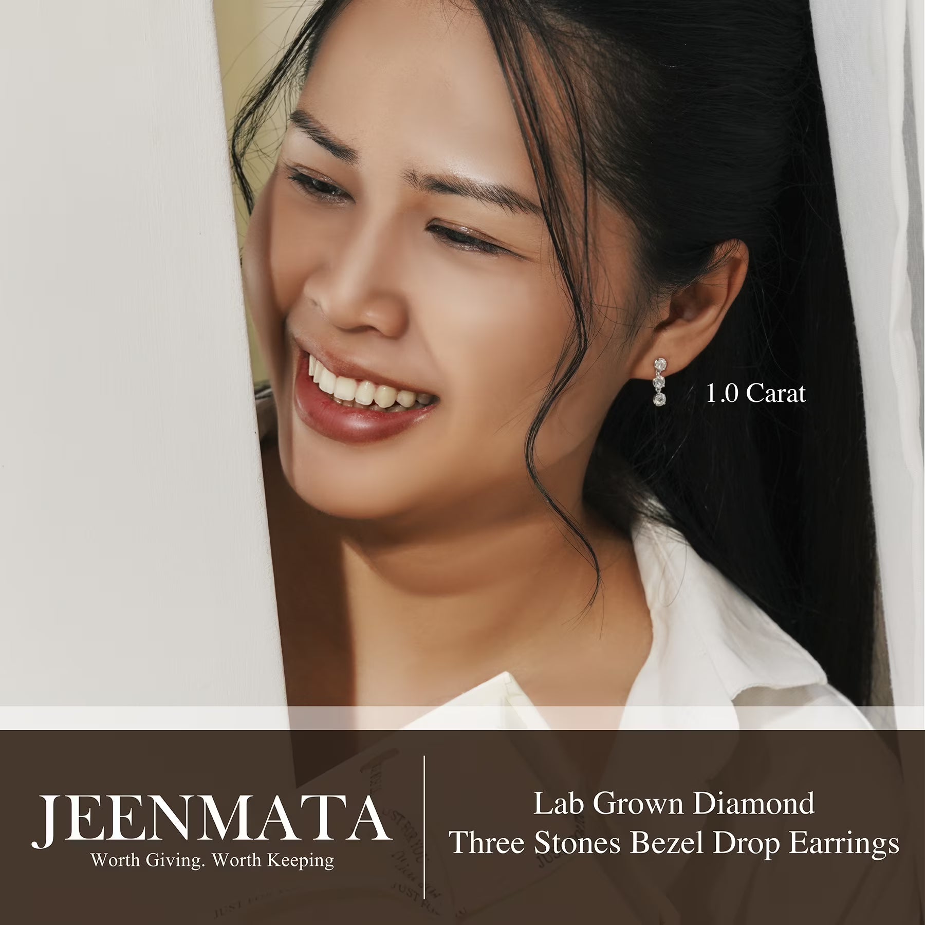 JeenMata 1 Carat Lab Grown Diamond Bezel Drop Earring - Classic Round Cut Three Stones Dangle Earrings in 18K White Gold Plating for Women, Gift for Her