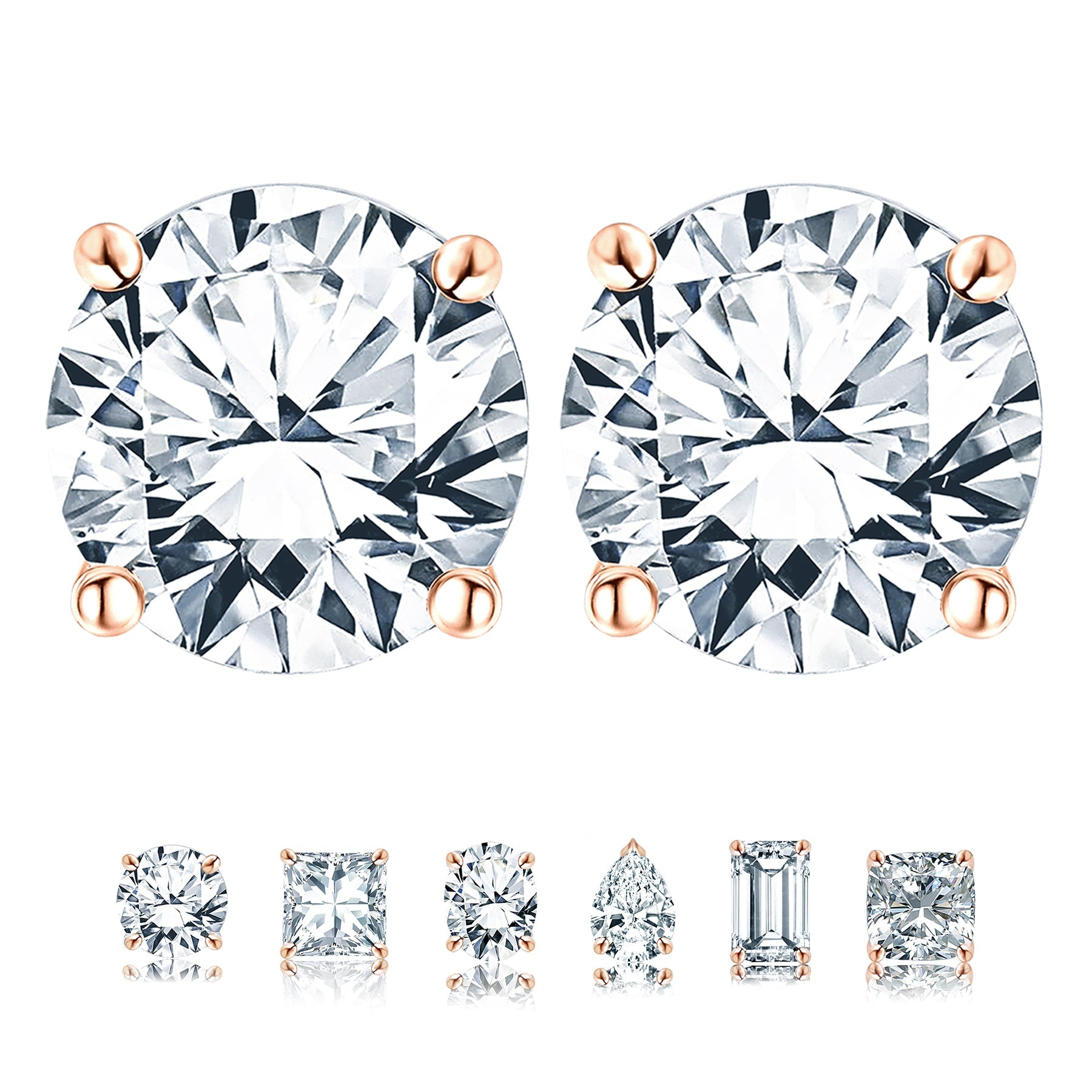 JeenMata 1 Carat Round Shaped Moissanite Solitaire Stud Earrings - 4 Prong - In 18K Rose Gold Plating Over Silver