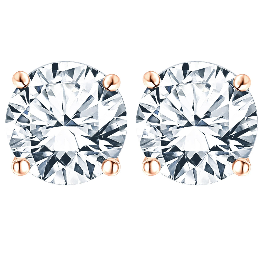 Certified 4 Prong 4 Carat Round Shaped Moissanite Solitaire Stud Earrings In 18K Rose Gold Plating Over Silver