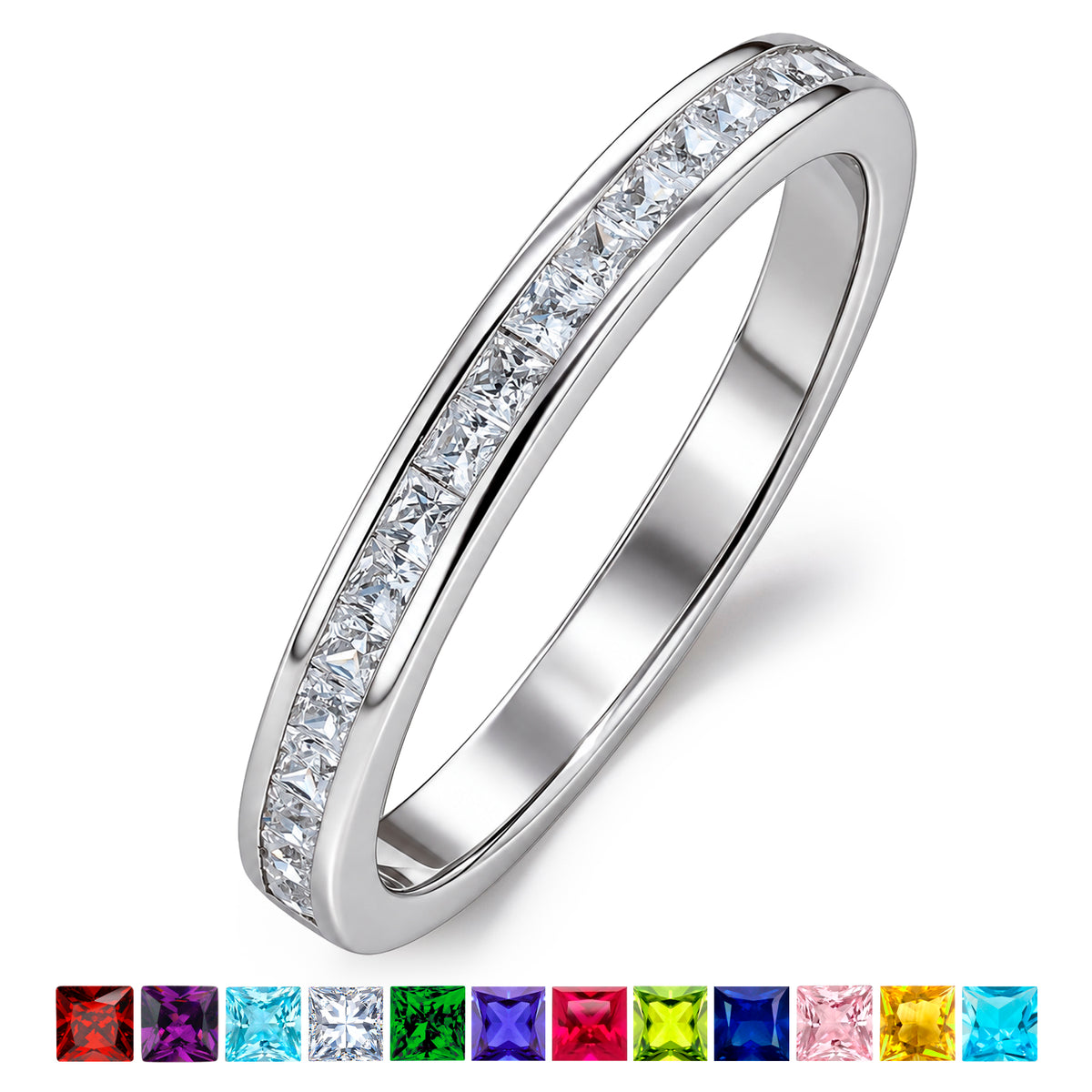 JeenMata 0.25 Carat Princess Cut April Birthstone Wedding Band - Pave Channel Band - 18K White Gold Plating for Women