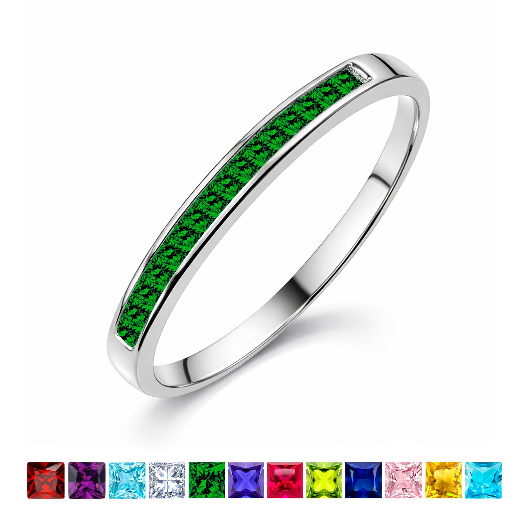 JeenMata 0.25 Carat Princess Cut May Birthstone Wedding Band - Pave Channel Band - 18K White Gold Plating for Women