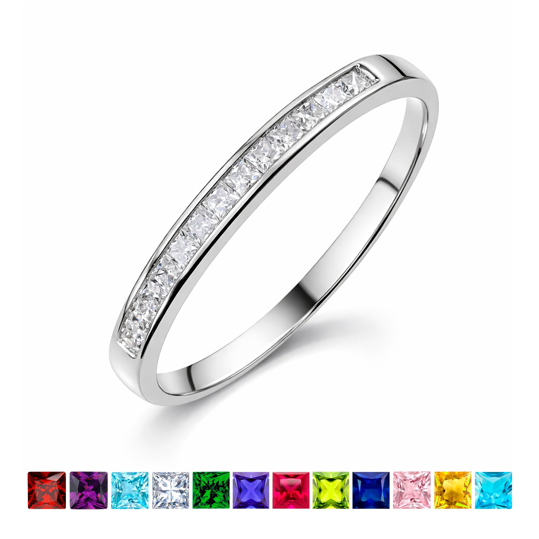 JeenMata 0.25 Carat Princess Cut April Birthstone Wedding Band - Pave Channel Band - 18K White Gold Plating for Women