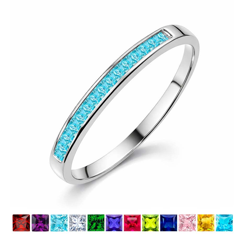 JeenMata 0.25 Carat Princess Cut March Birthstone Wedding Band - Pave Channel Band - 18K White Gold Plating for Women