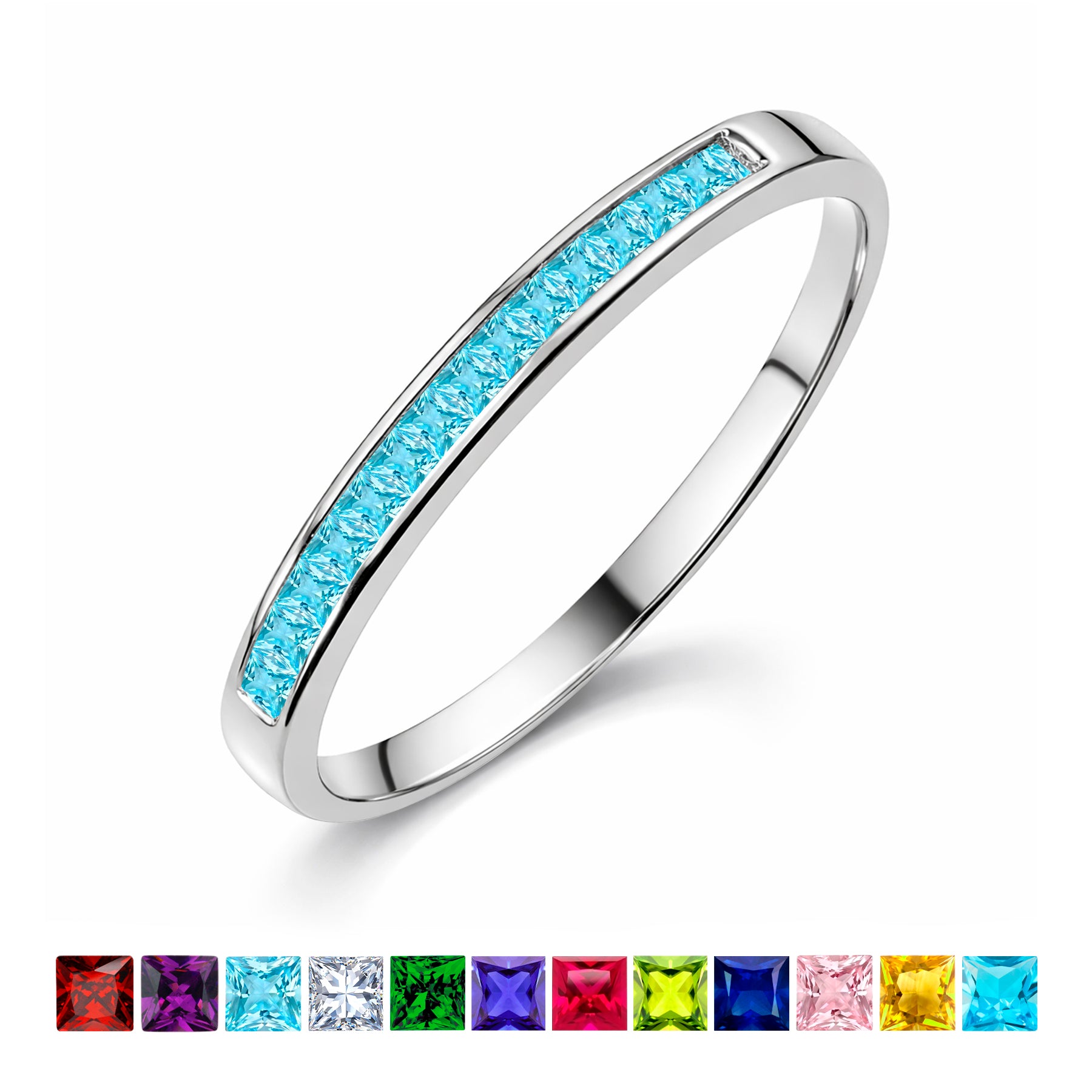 JeenMata 0.25 Carat Princess Cut March Birthstone Wedding Band - Pave Channel Band - 18K White Gold Plating for Women