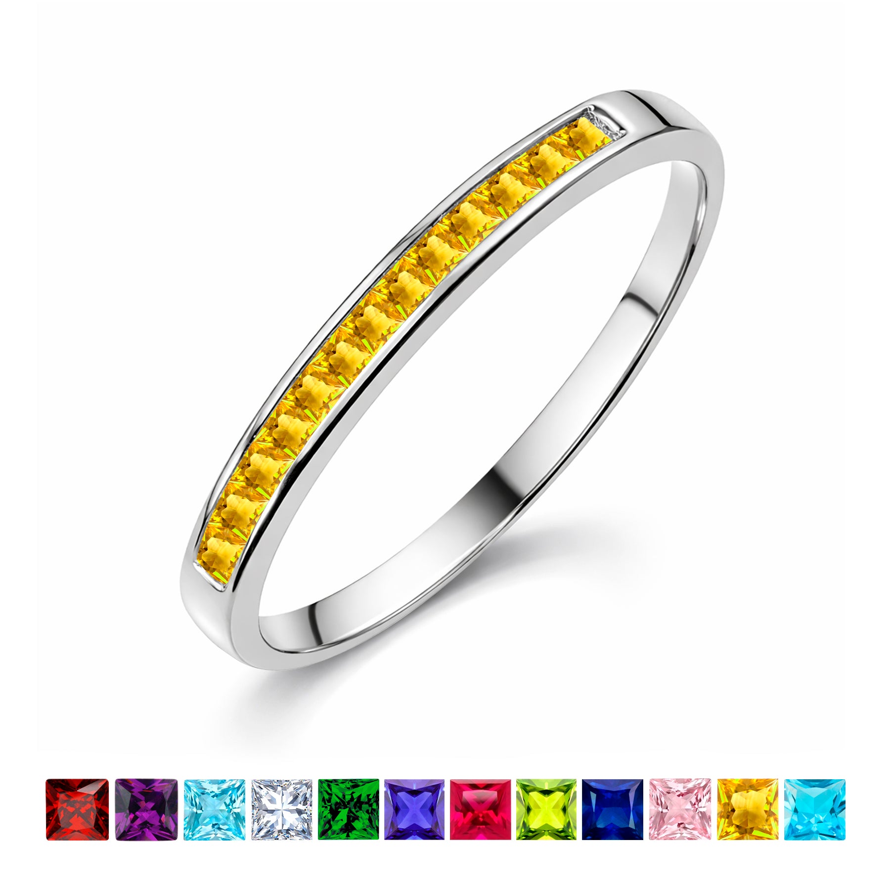 JeenMata 0.25 Carat Princess Cut November Birthstone Wedding Band - Pave Channel Band - 18K White Gold Plating for Women