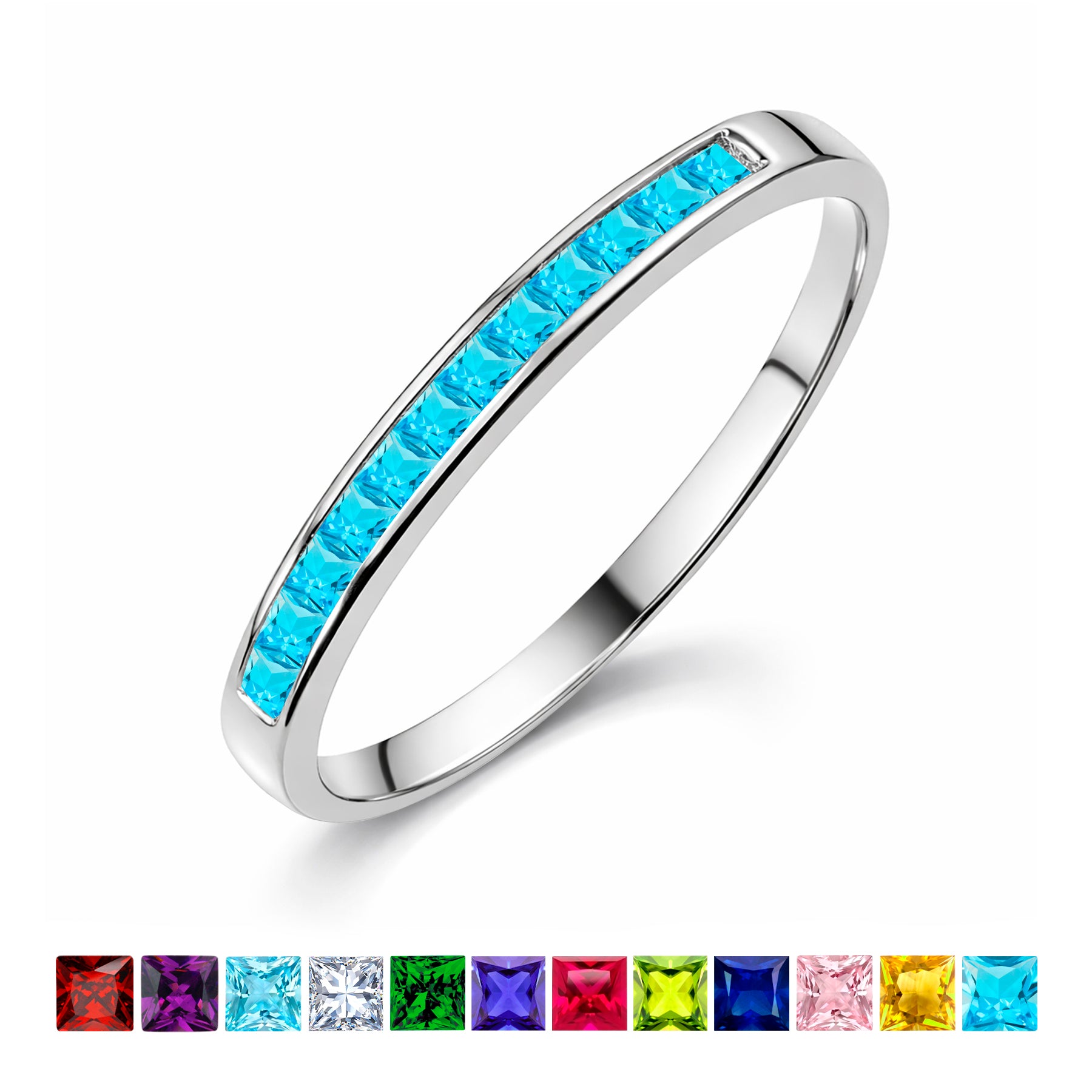 JeenMata 0.25 Carat Princess Cut December Birthstone Wedding Band - Pave Channel Band - 18K White Gold Plating for Women