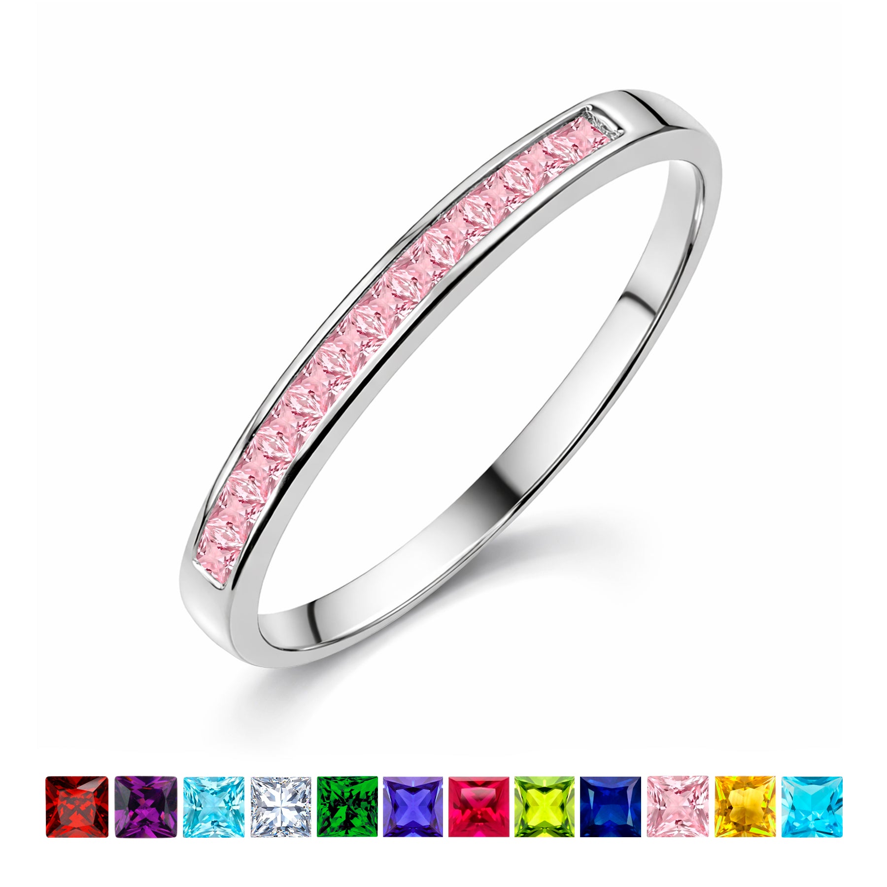 JeenMata 0.25 Carat Princess Cut October Birthstone Wedding Band - Pave Channel Band - 18K White Gold Plating for Women