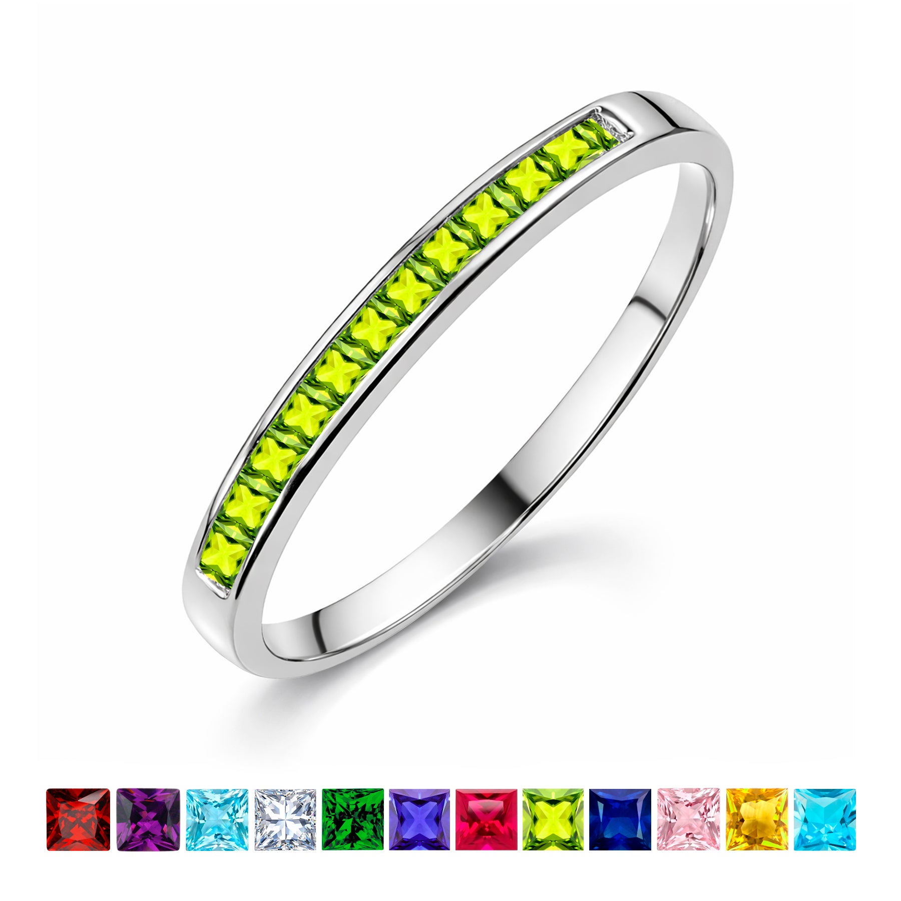 JeenMata 0.25 Carat Princess Cut August Birthstone Wedding Band - Pave Channel Band - 18K White Gold Plating for Women
